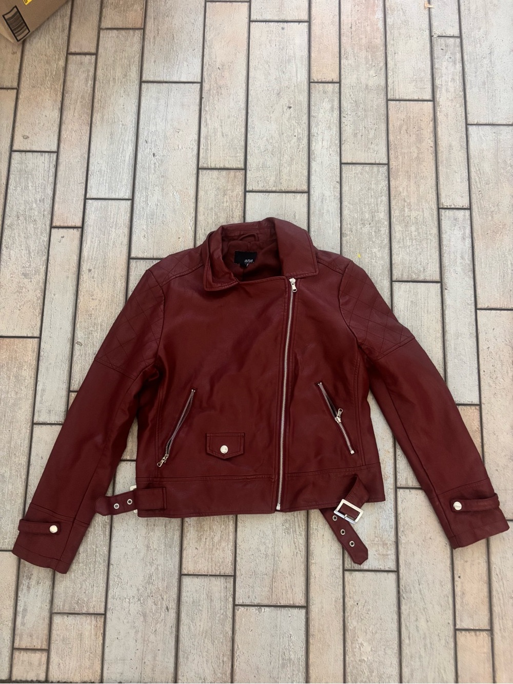 Burgundy faux leather jacket with belt detail a.n.a (Original price $130)